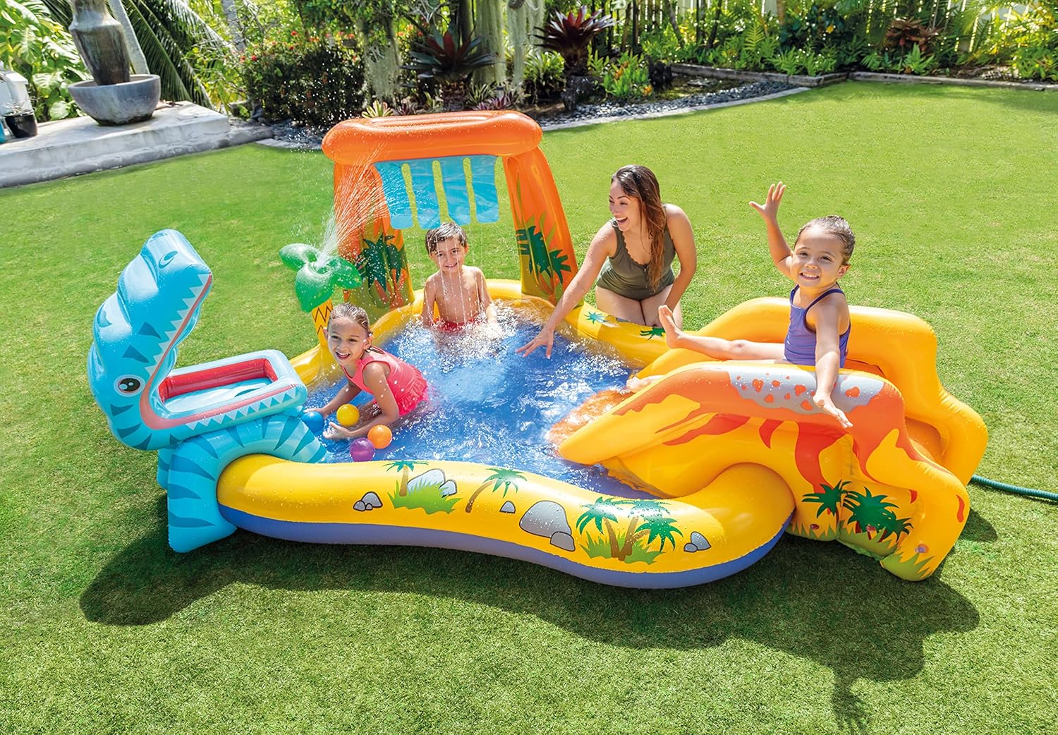 Inflatable Dinosaur Play Center Outdoor Playhouse Inflatable Water Park with Kid Pool Slide, Water Sprayer, Waterfall, and 6 Balls, Multicolor - Image 5