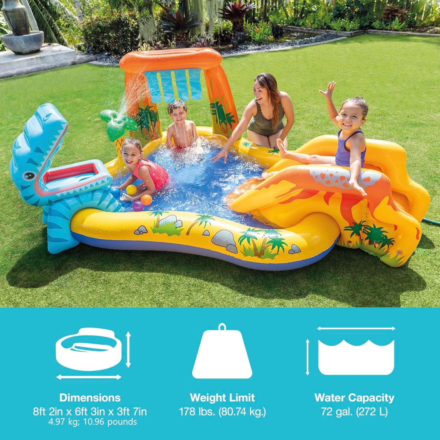 Inflatable Dinosaur Play Center Outdoor Playhouse Inflatable Water Park with Kid Pool Slide, Water Sprayer, Waterfall, and 6 Balls, Multicolor - Image 6